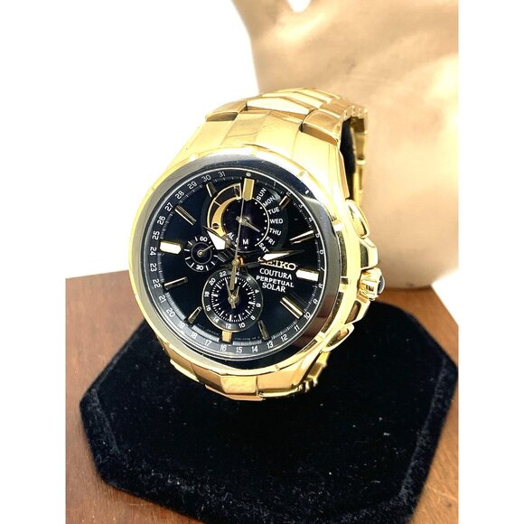 Seiko Mens Watch SSC700 Coutura Solar Perpetual Chronograph Black Dial Gold 44mm - Picture 1 of 15